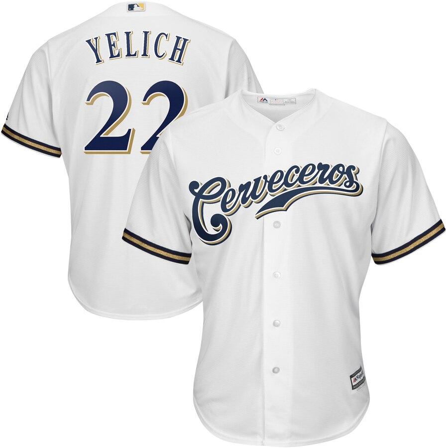 Christian Yelich 22 Milwaukee Brewers White Home Hispanic Heritage Cool Base Player Jersey